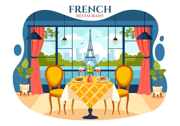 프랑스의 다양한 전통적 또는 국가적 음식 요리와 함께 프랑스 요리 레스토랑 일러스트레이션