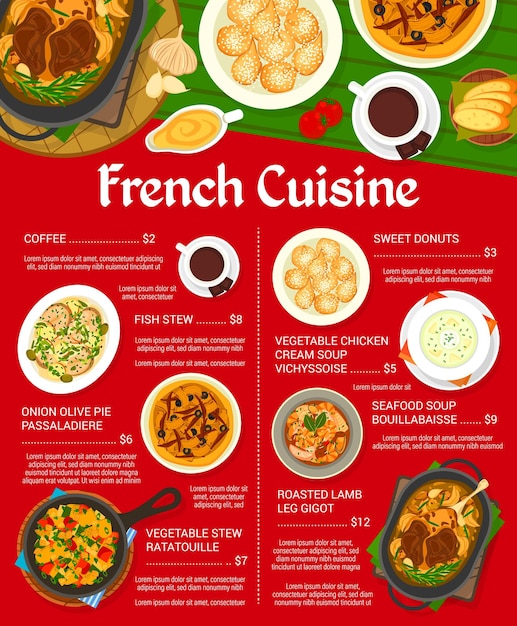 Modello di progettazione del menu del ristorante di cucina francese