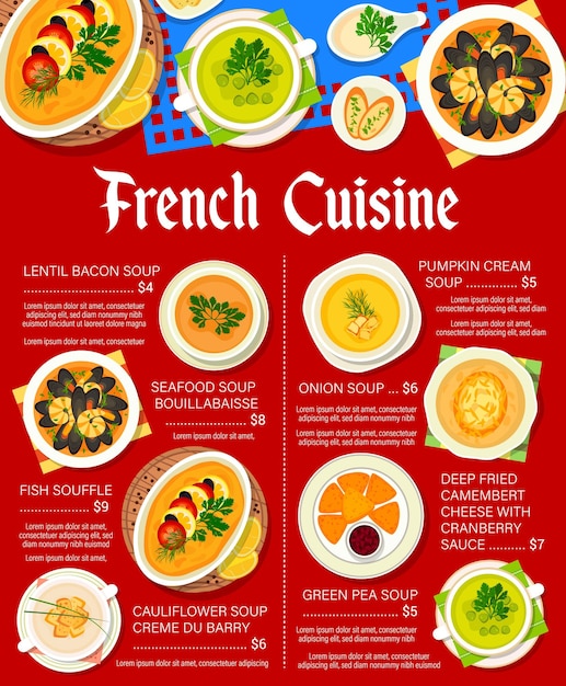 Listino prezzi dei pasti del menu del ristorante di cucina francese