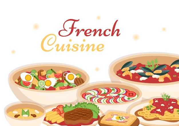 イラストにフランスの様々な伝統的または国民的料理を持つフランス料理レストラン