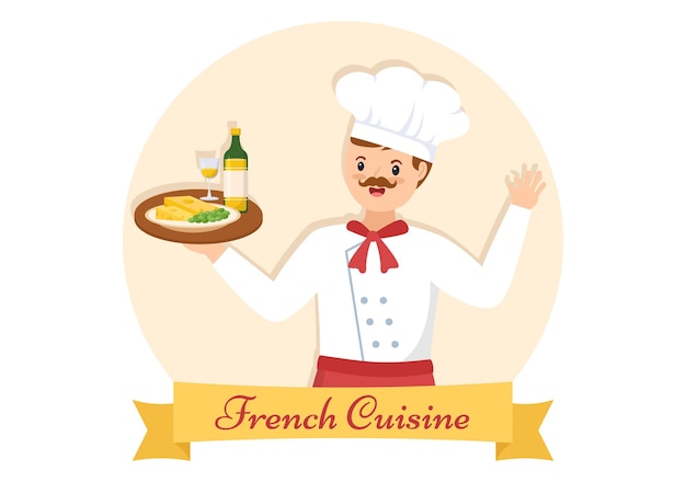 Ресторан французской кухни с различными традиционными или национальными блюдами Франции на иллюстрации