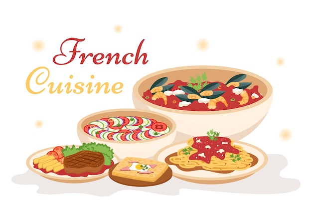 그림에 프랑스의 다양한 전통 또는 국가 음식 요리가 있는 프랑스 요리 레스토랑