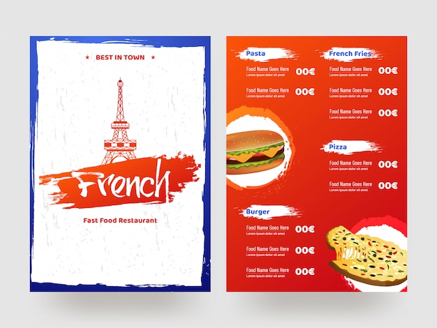 Carta del menu del ristorante fast food francese.