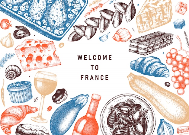 ベクトル フランスの食べ物や飲み物のbframeの色。刻まれたスタイルの肉料理、スナック、デザート、飲み物のスケッチ。フランス料理食品イラストテンプレート。レストラン、配達、店のビンテージメニュー。