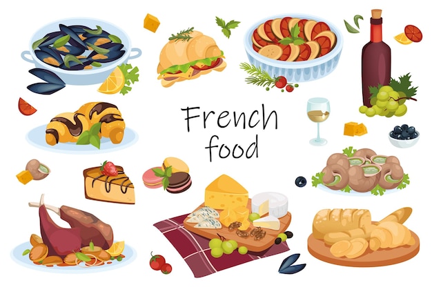 프랑스 음식 요소 격리 세트입니다. 전통 홍합과 고기 요리, 라따뚜이, 달팽이, 크루아상, 디저트, 신선한 패스트리, 치즈, 와인 묶음. 평면 만화 디자인의 벡터 일러스트 레이 션