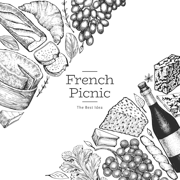 French food illustration design. Engraved style different snack and wine