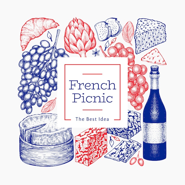 프랑스 음식 일러스트 디자인 서식 파일입니다. 손으로 그린 피크닉 식사 삽화. 새겨진 스타일 다른 간식 및 와인 배너. 빈티지 음식 배경입니다.
