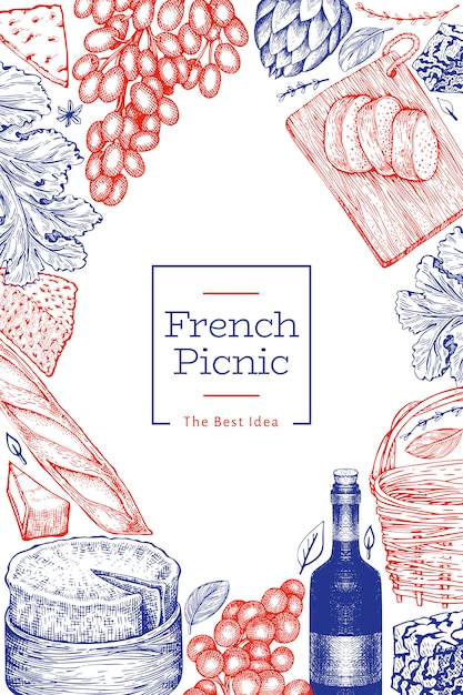 Modello francese di progettazione dell'illustrazione dell'alimento. illustrazioni disegnate a mano del pasto di picnic. banner di snack e vino in stile inciso. sfondo di cibo vintage.