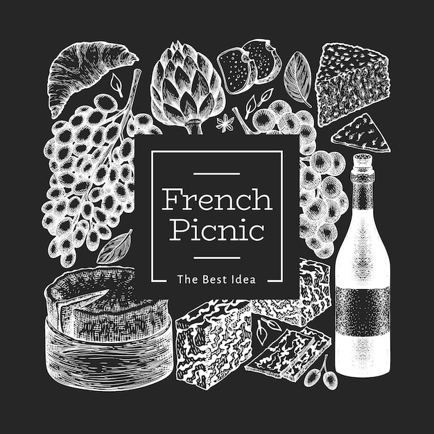 프랑스 음식 그림 분필 보드에 손으로 그린 벡터 피크닉 식사 삽화. 각기 다른 스타일의 스낵과 와인. 빈티지 음식.