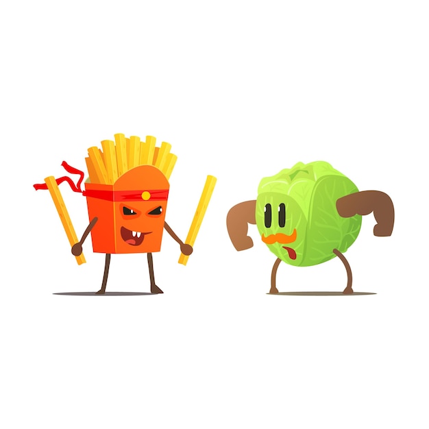 French fries against cabbage cartoon fight