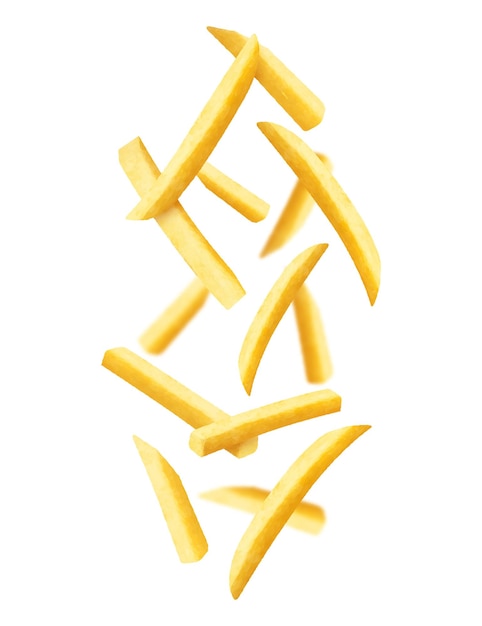 Vettore sfondo di patatine fritte banner di fast food patate fritte volanti patate fritte con effetto sfocato isolato su bianco cibo spazzatura pezzi di verdure arrostite che cadono illustrazione vettoriale 3d realistica