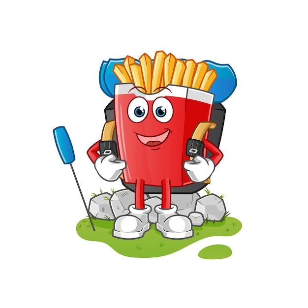 French fries go camping mascot. cartoon