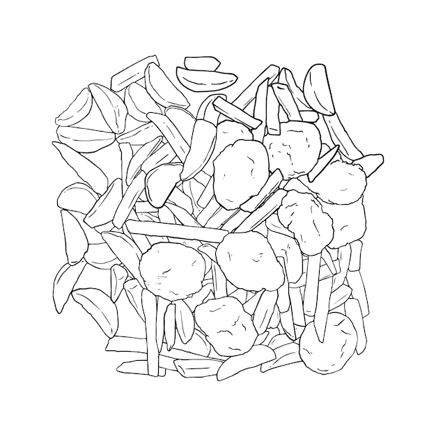 너겟 미트볼 패스트 푸드 지방 정크 푸드 낙서 선형 만화와 감자 튀김과 아이다호