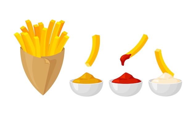 Картофель фри в бумажной коробке жареный картофель с кетчупом, горчицей, майонезом, дип-соусом фаст-фуд