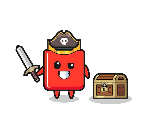 The french fries pirate character holding sword beside a treasure box , cute style design for t shirt, sticker, logo element