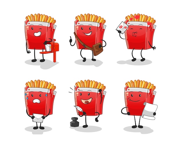 French fries postman set character. cartoon mascot vector