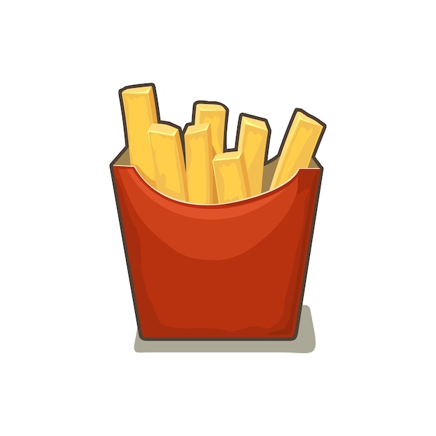 French fries potato in red paper Box Isolated on white background with shadow Vector flat illustration for poster menus web banner icon