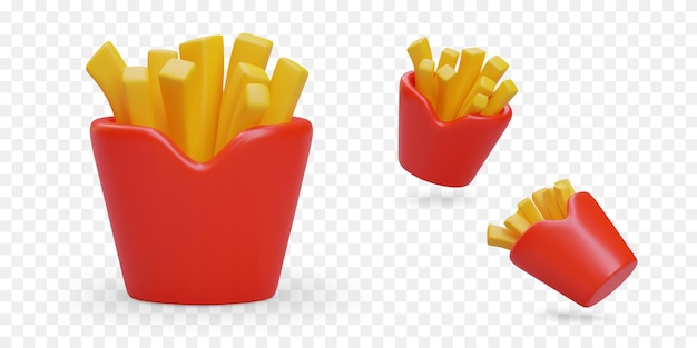 Vector french fries in red paper bag set of 3d images in different positions