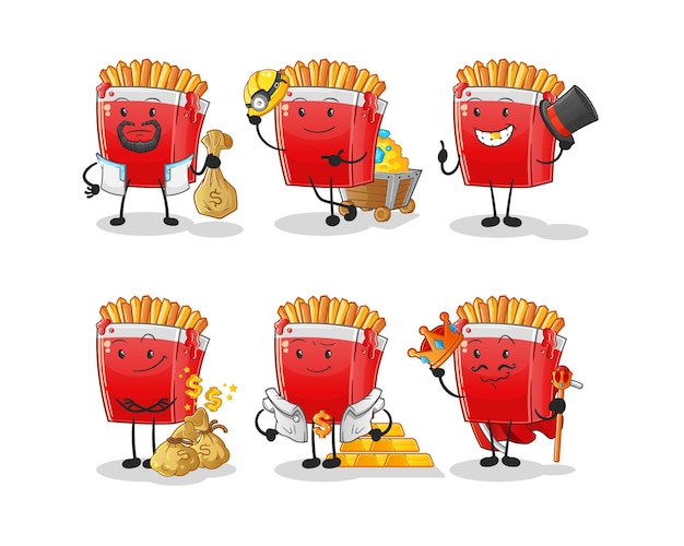 French fries rich group character. cartoon mascot vector