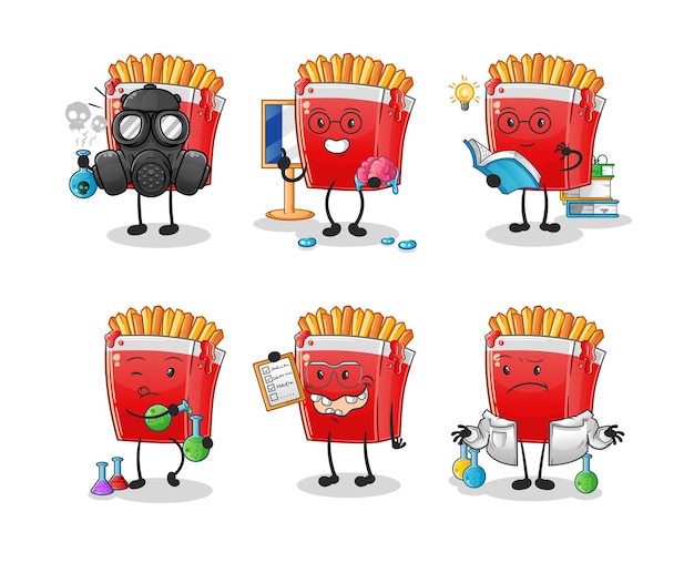 French fries scientist group character. cartoon mascot vector