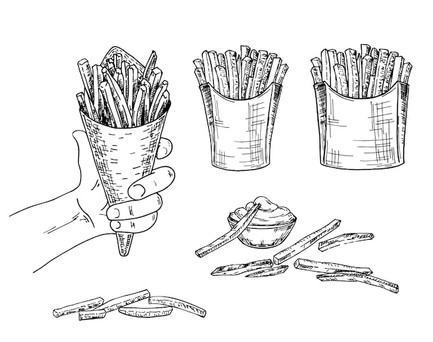 Набор картофеля фри. ручной рисунок в стиле эскиза иллюстрации фаст-фуда. картофель фри в бумажной коробке