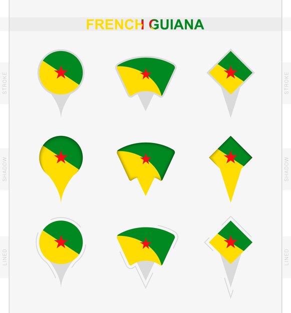 フランス領ギアナの旗の場所のピンアイコンのセットフランス領ギアナの旗