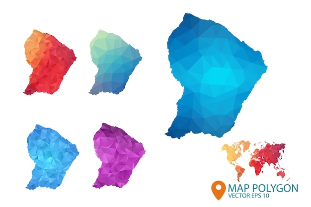 Vettore set di mappe della guyana francese con sfondo grafico a gradiente geometrico triangolare a basso poli stile sgualcito