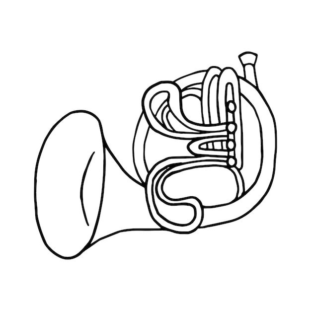 Vector french horn in doodle style. hand drawn illustration.