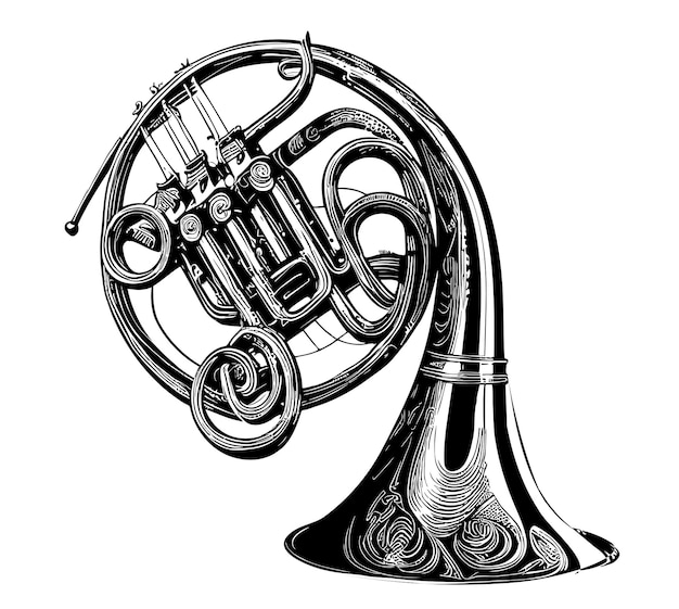 Векторная иллюстрация французского рожка, нарисованная вручную, в музыке в стиле каракулей