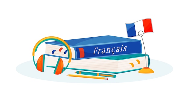 フランス語学習フラットコンセプトイラスト。外国語コース。学校の教科。言語学は比喩を研究します。大学の授業。学生の教科書と辞書の2D漫画オブジェクト