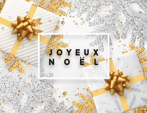 French lettering Joyeux Noel. Christmas background with gifts box and shining golden and silver snowflakes. Xmas Greeting card. Vector Illustration.