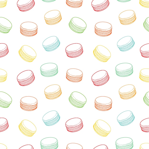 Biscotti macarons francesi motivo senza cuciture doodle illustrazione vettoriale disegnata a mano decorativa