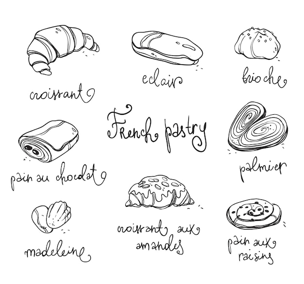 Vector french pastry. traditional baked desserts.  black and white vector drawing