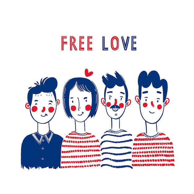 Vector french people lgbt free love doodle handrawn poaster design free love