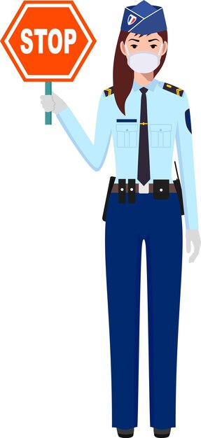 Vector french policewoman gendarme officer in traditional uniform and protective mask holds warning sign