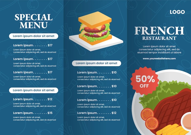 Vector french restaurant brochure flat cartoon hand drawn templates background illustration