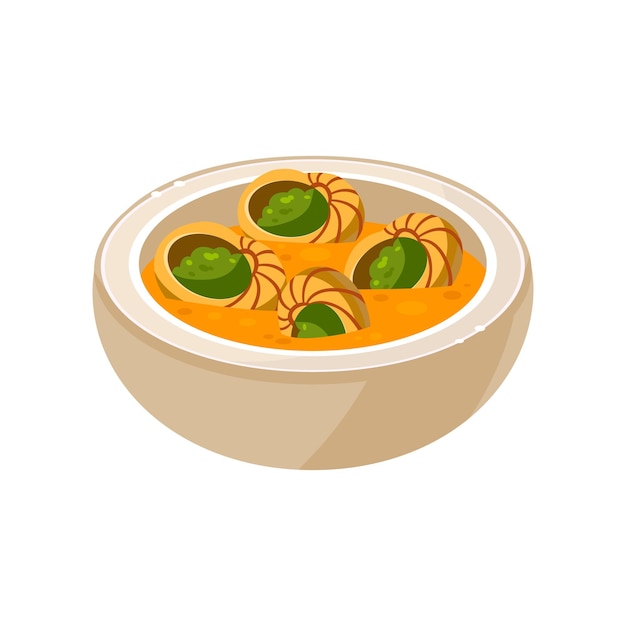 French Snail Soup in a Bowl. Vector Illustration