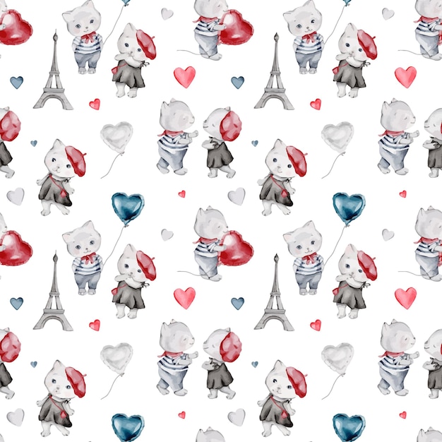 Animali in stile francese disegno senza cuciture cartoon carino gatto parigino e scozzese illustrazione vettoriale palloncini cuori e torre eiffel gatti vestiti in stile francese con berretto rosso e abito a righe