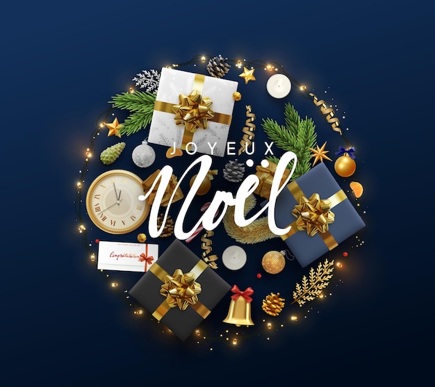 프랑스어 텍스트 Joyeux Noel. 휴일 개체와 크리스마스 인사말 카드입니다. 선물 상자와 공 디자인 배경입니다. 시계, 양초, 전나무 가지가 있는 엽서. 크리스마스 장식 요소입니다.