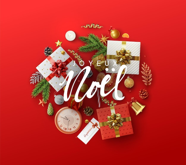 French text Joyeux Noel. Christmas greeting card with holiday objects.