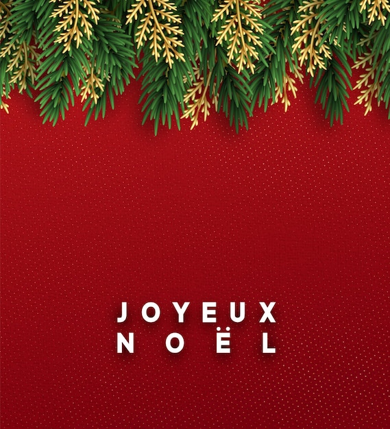 French text Joyeux Noel. Christmas vector background. Xmas sale, holiday web banner. Design decorations green and golden pine branches