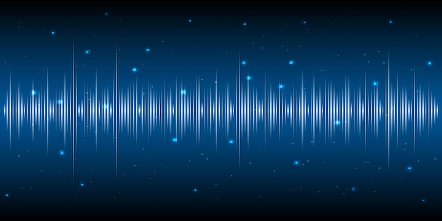 Frequency of the blue sound wave on a black background with grid neon music waves vector