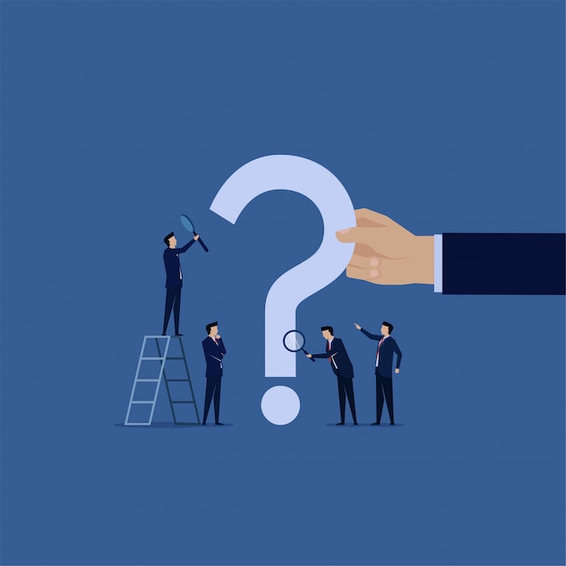 frequently asked question. business team search with magnify on the question marks.
