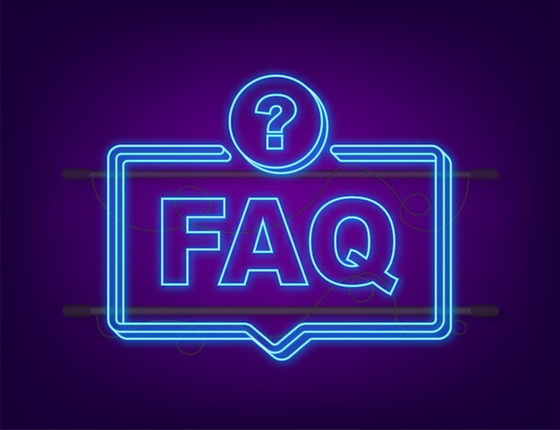 자주하는 질문 FAQ 배너입니다. 네온 아이콘입니다. 질문 아이콘이 있는 컴퓨터. 벡터 일러스트 레이 션.
