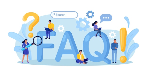 よくある質問巨大なFAQの近くに立っている人の感嘆符と疑問符クライアントが質問をする質問を検索して回答を受け取るヘルプ情報説明オンラインサポートセンター