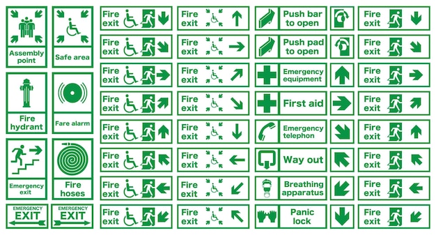 Frequently used fire signs are in green Emergency exit and action in case of fire