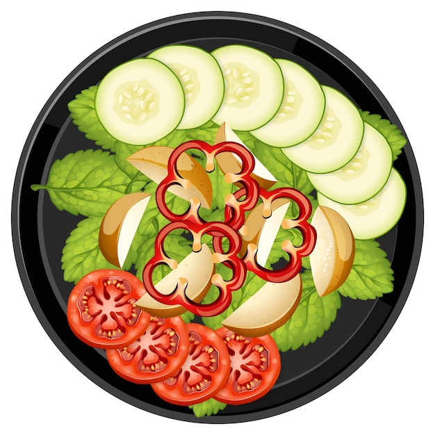 Вектор Свежий и красочный салат с огурцом, помидорами, картошкой и зелеными листьями