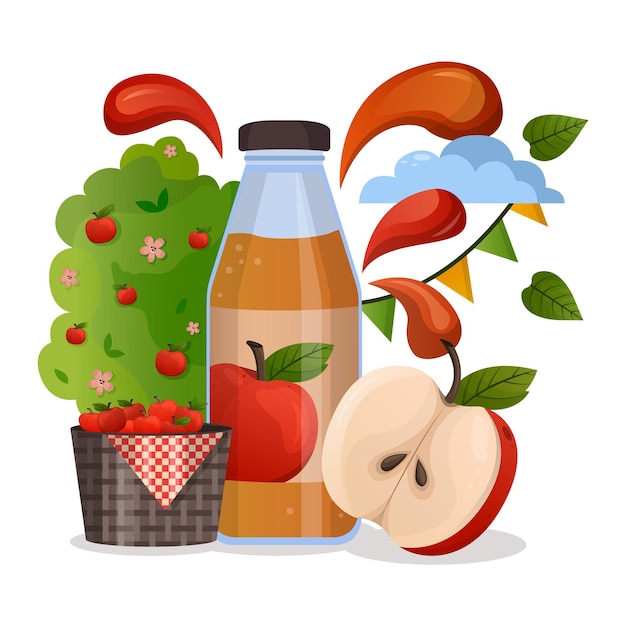 Fresh apple juice in glass bottle concept Harvest festival poster design with apples Invitation fo