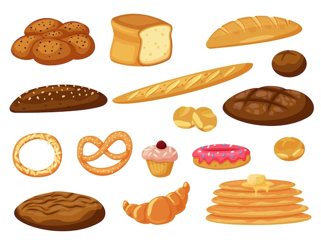 Vector fresh baked bread and pancakes, buns pastry isolated set on white