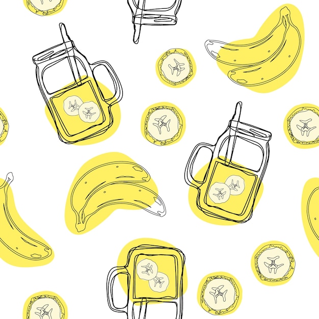 Fresh banana juice in bank in cartoon style Seamless background Healthy organic fruit lemonade